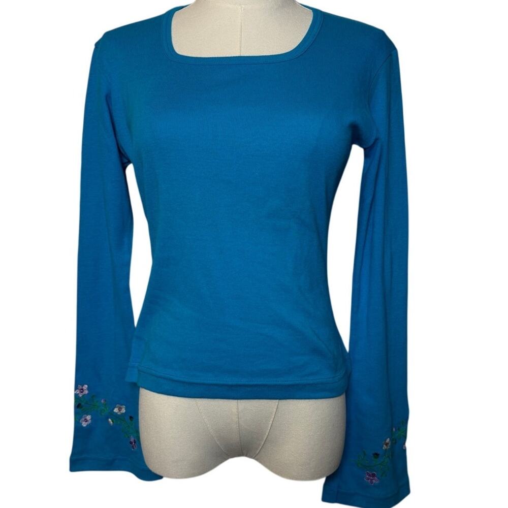 Y2K Blue Long Sleeve with Embroidered Bell Sleeves Sz Small